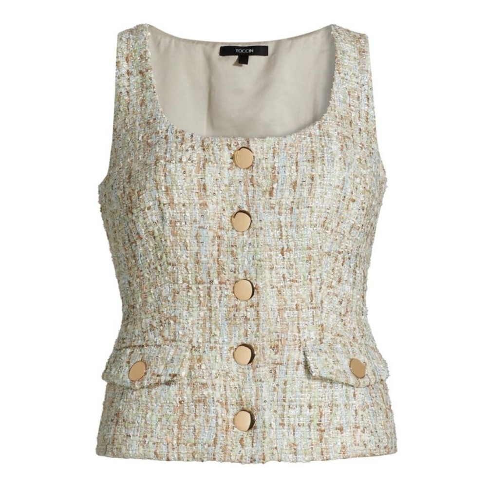 Toccin NWT Georgia Tweed Ice Blue Multi Buttoned Front Luxury Top